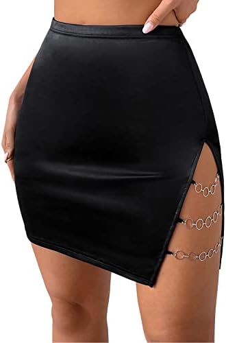 Verdusa Women's High Waist Chain Solid Slit Hem Satin Pencil Bodycon Mini Skirt