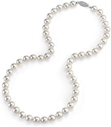 The Pearl Source 14K Gold Hanadama Quality Round Genuine White Japanese Akoya Saltwater Cultured Pearl Necklace in 18" Princess Length for Women