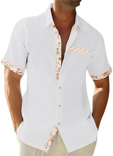 Hawaiian Shirt for Men Button Down Short Sleeve Blouse Stretch V Neck Blouses Summer Beach Aloha Shirts with Pocket