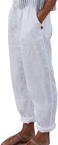 Ashowlaco Pants Linen Straight Pocket Casual Pants Women's High Waist Wide Leg Pants Trendy Casual Pants for