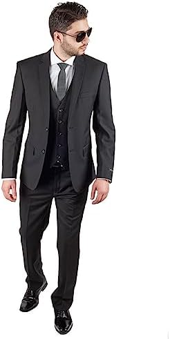 AZAR MAN Slim Fit 3 Piece Vested Solid Black 2 Button Notch Label
