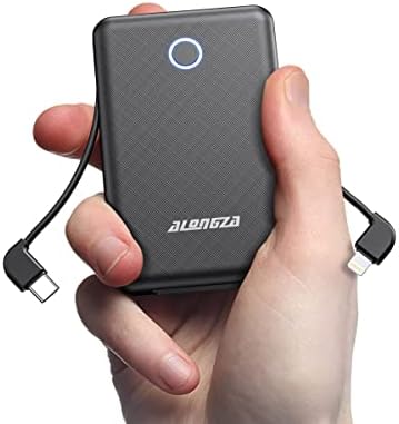 Alongza Portable Charger Small Size Built in Cable 6000mAh Power Bank, External Battery Pack Lightweight Backup Charger, Ultra Slim Battery Backup Charger for Cell Phones