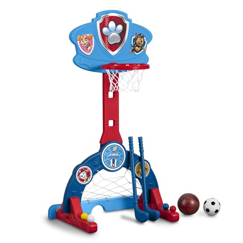 Delta Children - PAW Patrol 4-in-1 Sports Center – Adjustable Easy Score Basketball Hoop, Soccer/Hockey Net and Golf Game, Blue