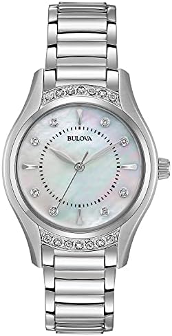 Bulova Ladies' Classic Diamond 3-Hand Quartz Stainless Steel Watch, 16 Diamonds, Mother-of-Pearl Dial, Curved Mineral Crystal