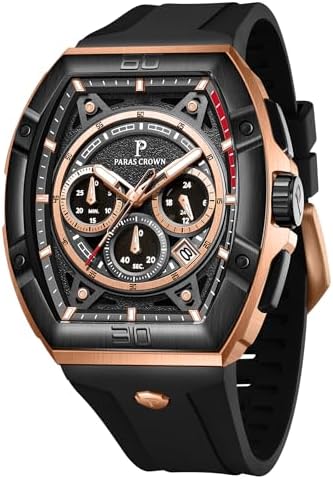 Paras Crown Watch for Men Tonneau Waterproof Quartz Luxury Chronograph Analog Men's Wrist Watches