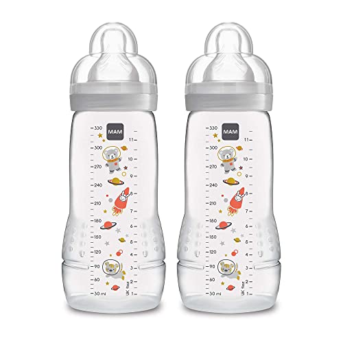 MAM Easy Active Bottle 11 oz (2-Count), Fast Flow Bottles, 4+ Month, Unisex, Gray