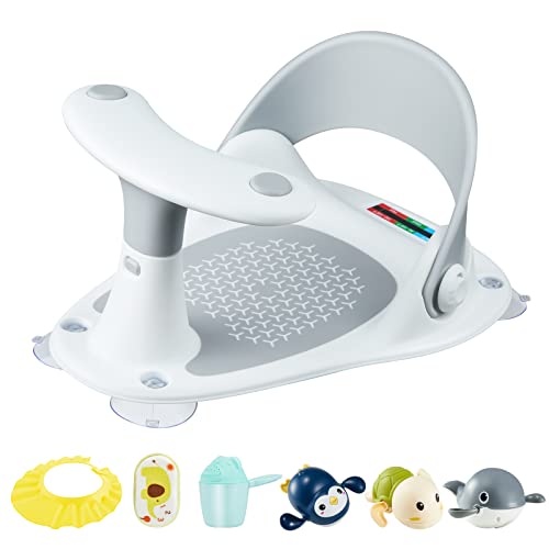 Baby Bath Seat [Original] – 3 Bath Toys + Shower Cap + Bath Brush + Thermometer + Rinse Cup – 4 Anti-Slip Suction Cups – Soft Silicone Cushion – Foldable Design – Ideal Gift for Infants 6-36 Months!
