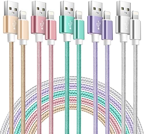 5Pack Nylon Braided iPhone Lightning Cables - MFi Certified Chargers for iPhone 14, 13, 12, 11, XS, XR, 8, 7, 6s, iPad
