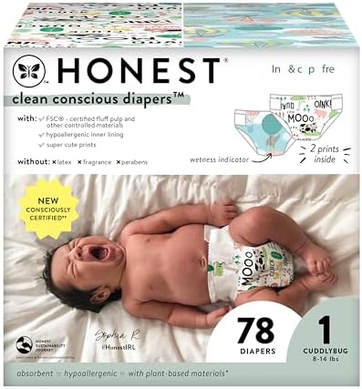 The Honest Company Clean Conscious Diapers | Plant-Based, Sustainable | Above It All + Barnyard Babies | Club Box, Size 1 (8-14 lbs), 78 Count