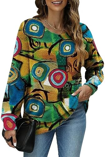 GUNEST Women Graphic Oversized Sweater Crew Neck Long Sleeve Boho Printed Loose Fit Casual Knit Pullover Sweaters Top