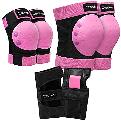 Qvamodo Knee Pads for Kids 30LBS~200LBS Pink Adults&Kids Knee Pads Elbow Pads Wrist Guards 6 in 1 Protective Gear Set, for Multi Sports Skateboarding Inline Roller Skating Cycling Biking BMX Size M