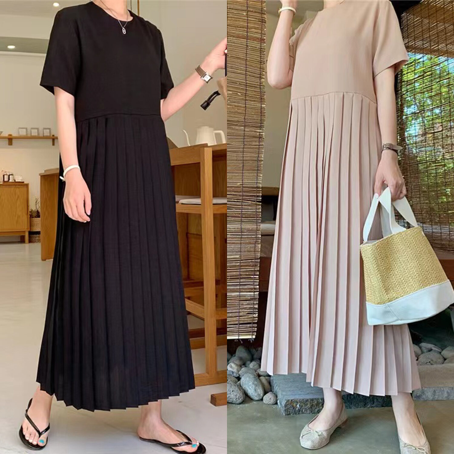 2024 Summer New Arrival K-style Loose Slim Looking Short Sleeve Chiffon Pleated Dress Female Long below the Knee Casual Dress