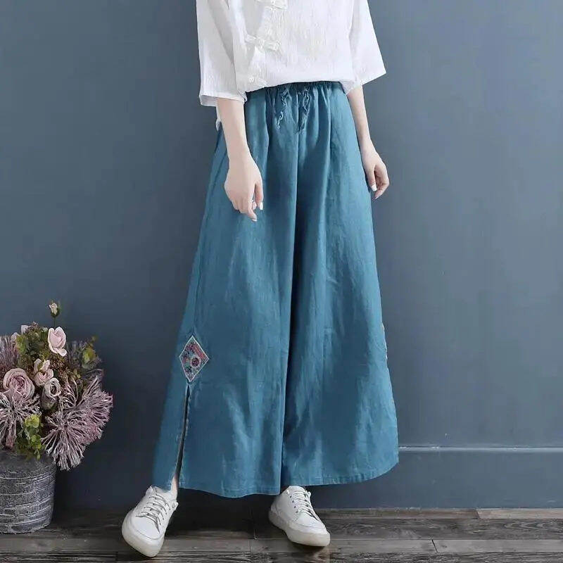 Artistic Retro Embroidery Pure Color Split Wide-Leg Pants Women's Elastic Waist Cotton-Linen Casual Loose Ankle-Length Lace-up Long Culottes