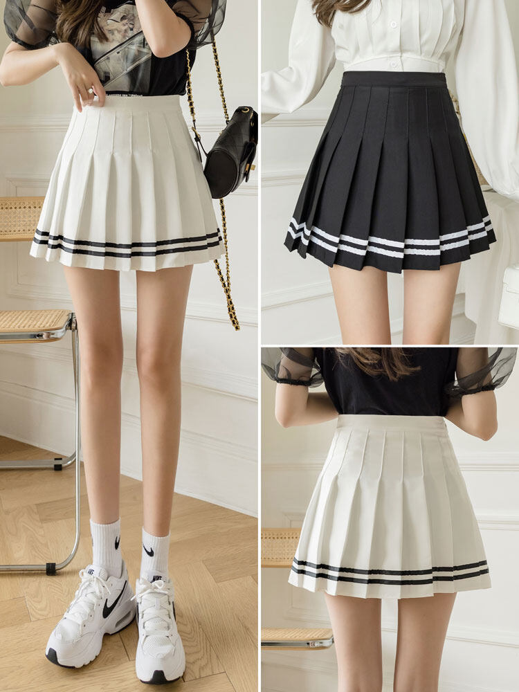 2023 New Korean Women Stripe Skirt High Waist Skirt A-line Skirt with Safety Pants