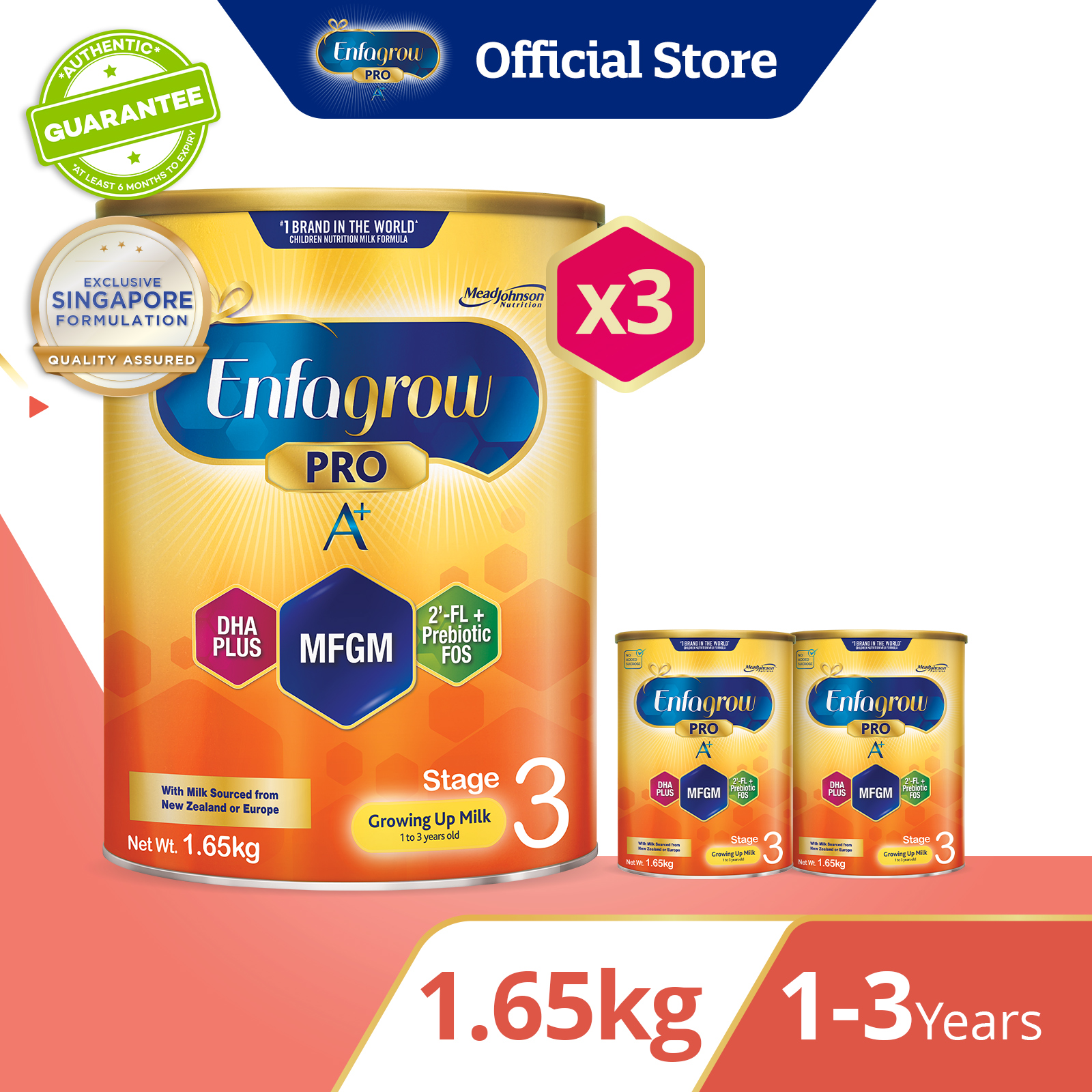 [Bundle of 3] Enfagrow Pro A+ Stage 3 Milk Powder Formula for Children DHA+ (1-3Y) 1.65kg