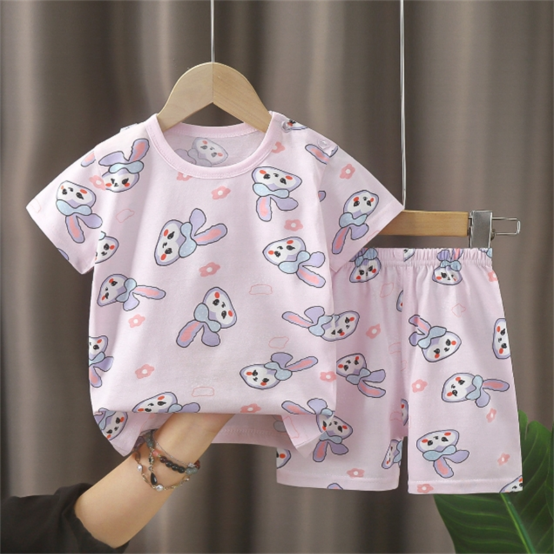 Summer New Children Pink Cartoon Printing Short Sleeves Shorts Clothing Sets Toddler Girls Baby Kids Cotton Soft Comfortable T-Shirts Leisure Clothes Suits For 0-5 Years
