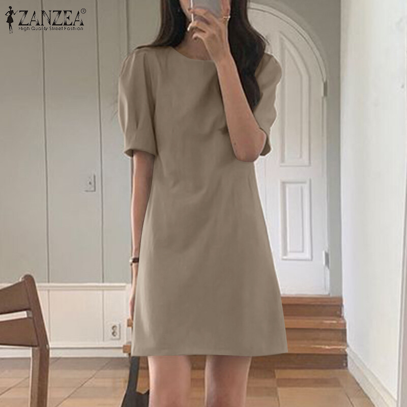ZANZEA Korean Style Women Holiday Party Solid Mini Dresses Office Work Puff Sleeve Sundress #10