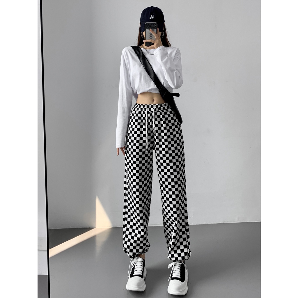 YY2022 New Checkerboard Lattice Personality Wide-leg Pants Women's High Waist Sports Loose Straight Casual Mopping Pants88