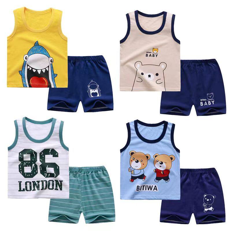 Summer New Fashion Children Clothes Suit Toddler Baby Boys Cartoon Printed Pure Cotton Vest Shorts Clothing Set Boy Animal Printing Sleeveless T-Shirt Shorts Suits Kids Home Wear Two-Piece For 0-6 Yea