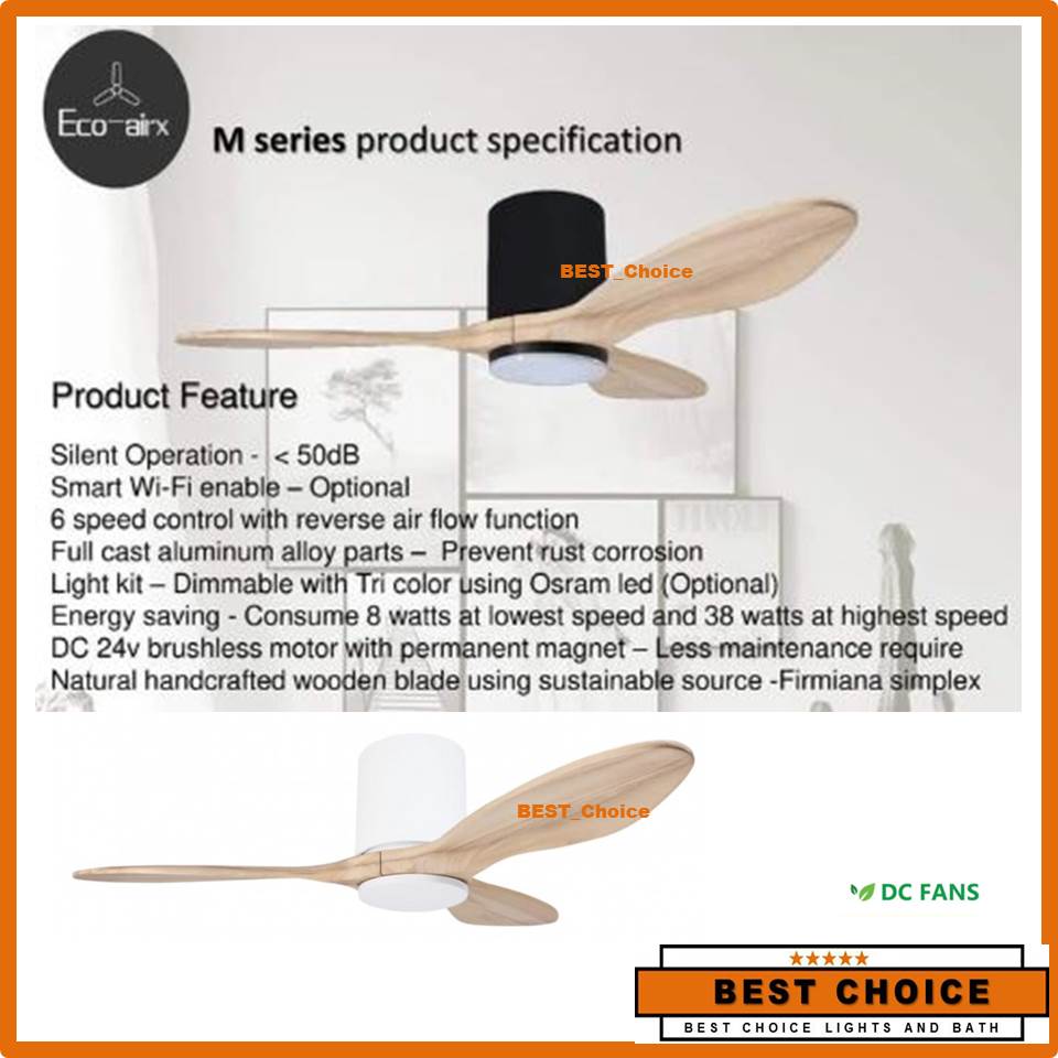 FREE Wifi Eco AirX Ceiling Fan White Hugger +Blade Type Comfy 46|56 inch  +26W LED Lght Kit (optional) DC Motor Low Ceiling Google Tuya Amazon Alexa