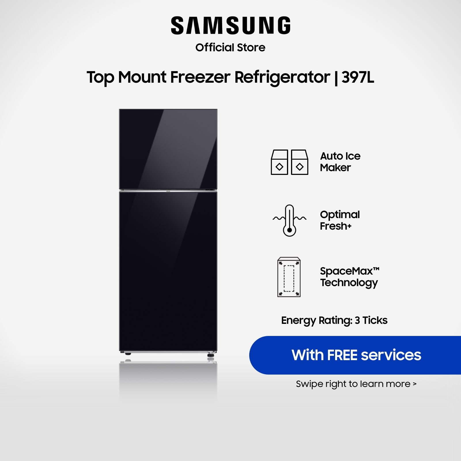 Samsung RT42CB668822SS Bespoke Top Mount Freezer Refrigerator, 397L, 3 Ticks
