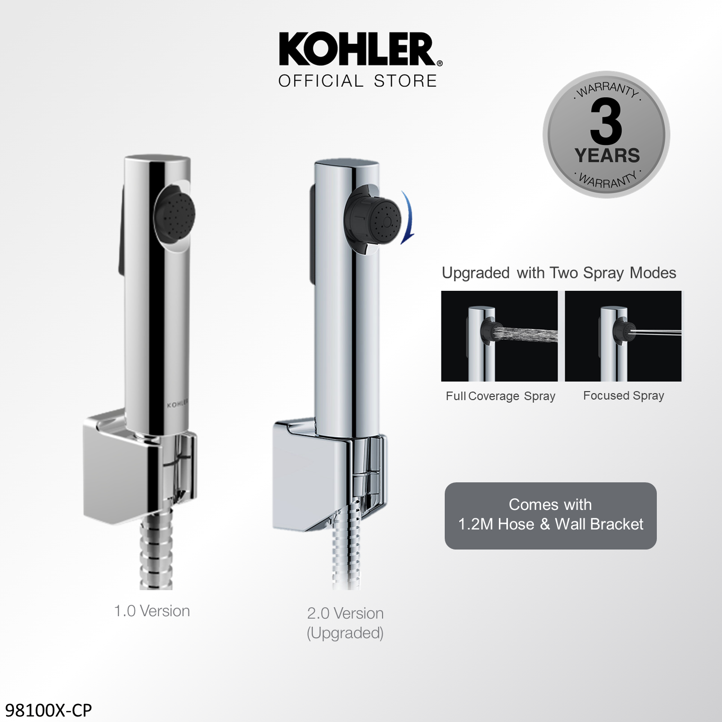 [Upgraded] KOHLER Cuff Hygiene Spray with Wall Bracket & Hose, Anti-bacterial Bidet Spray, Polished Chrome 1.0 K-98100T-B-CP / 2.0 Upgraded K-R29782T-CP