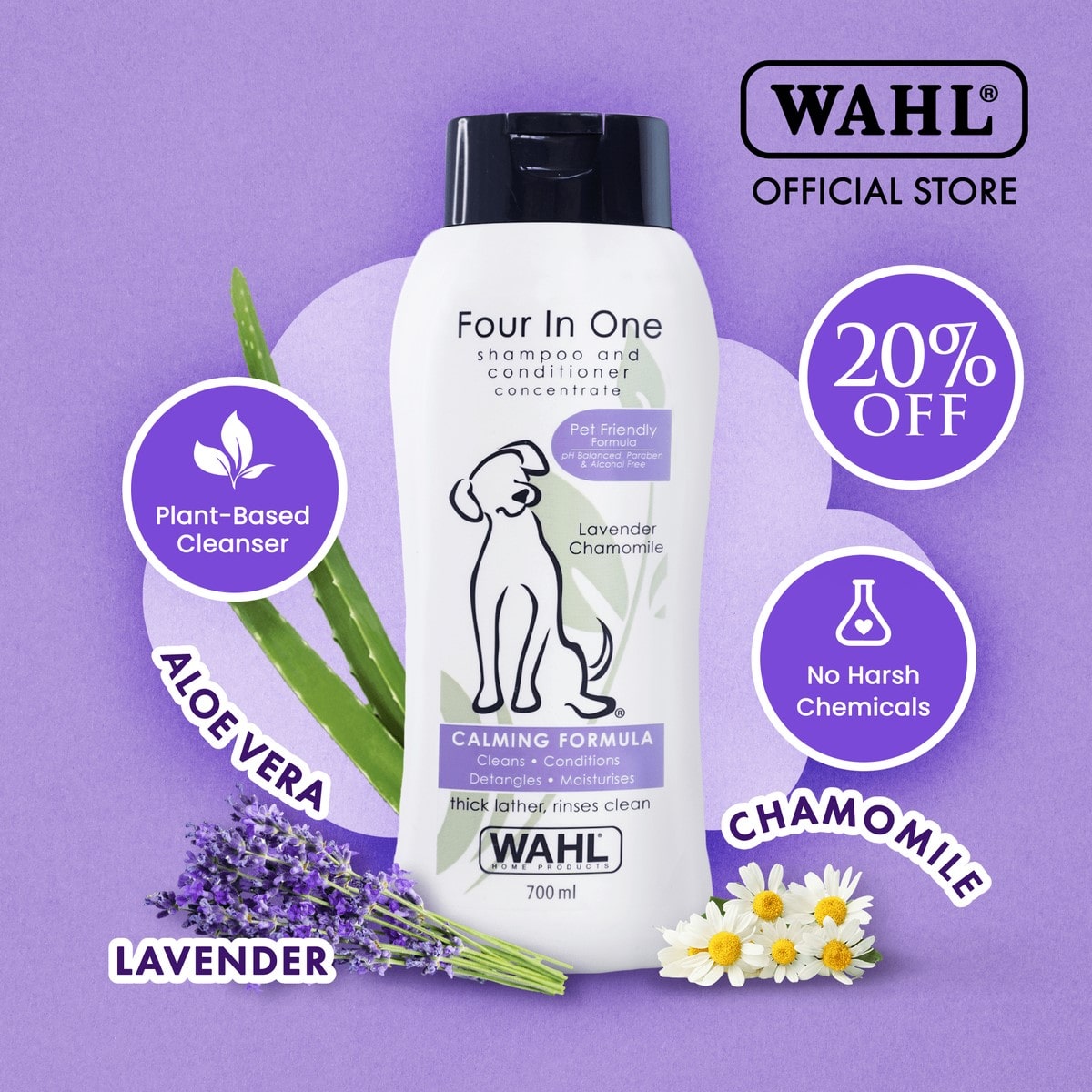 Wahl Dog 4 in 1 Shampoo 700ml - Pets Plant Based Moisturising Cleanser