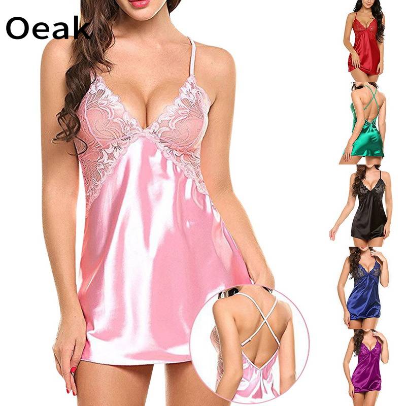 Oeak Sexy Plus Size Sleepwear Lingerie For Women Summer Breathable Ice Silk Pamajas Dress Feep V Hanging Neck Backless Sleepdress